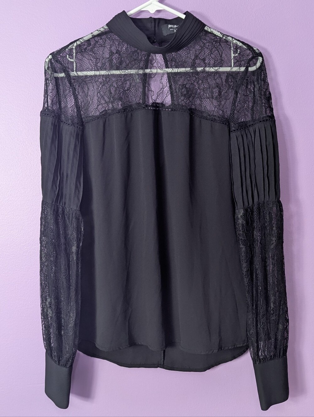 Nasty Gal Medium Lace Detail Blouse Black Long Sleeve